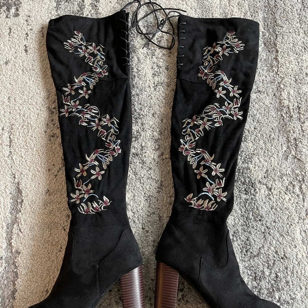 Over the knee suede embroidered lace up boots 7